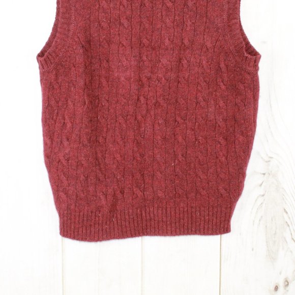 LL Bean Red 100% Wool Shetland V-Neck Cable Knit Pullover Vest Size L - Picture 6 of 9